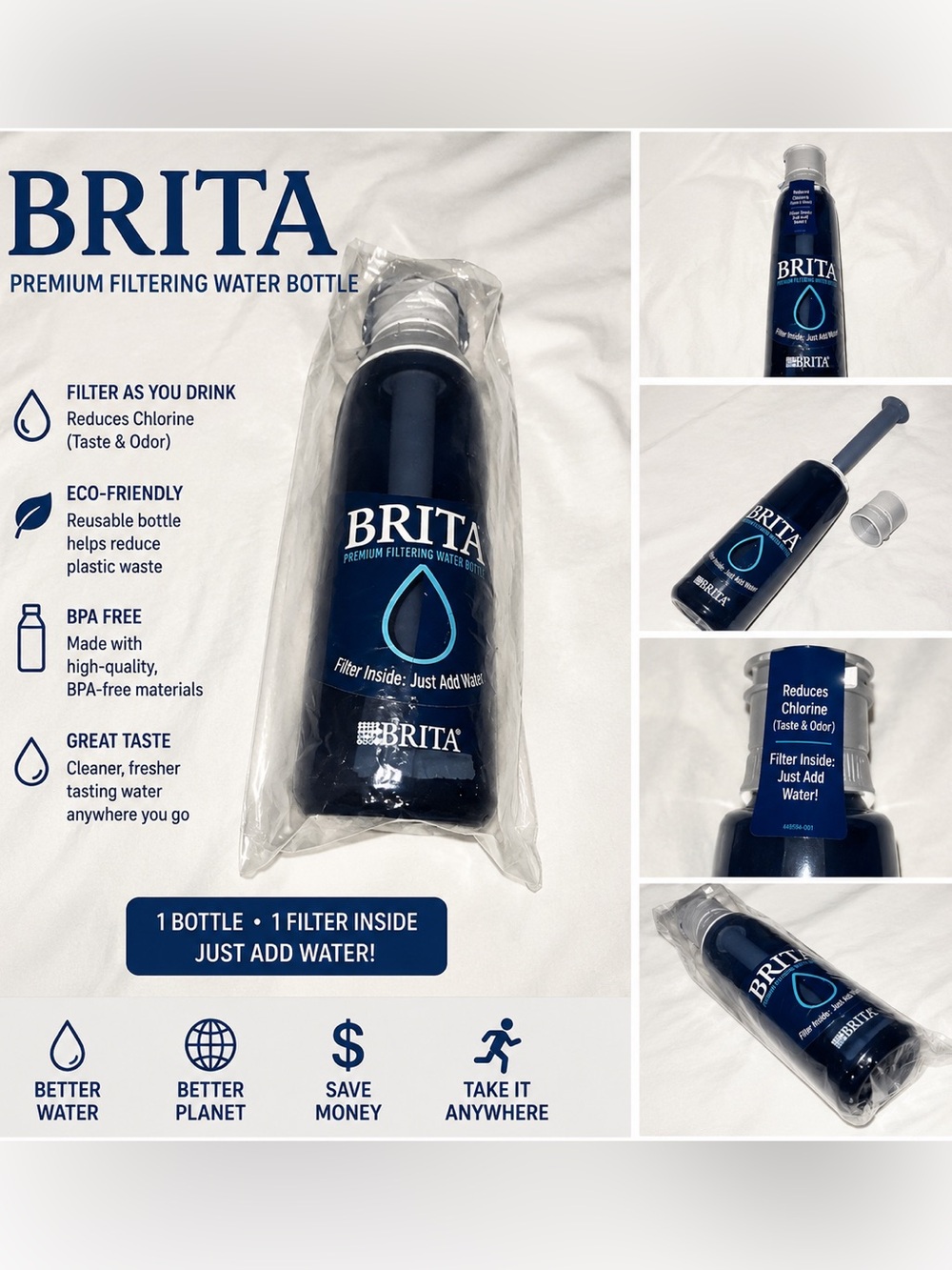 Brita Dark Blue Water Bottle with Light Blue Logo